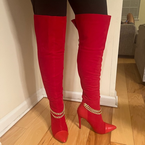 2 Chains Mixed Media Boots RED boots, over-the-knee boots,  stiletto boots - Picture 1 of 11